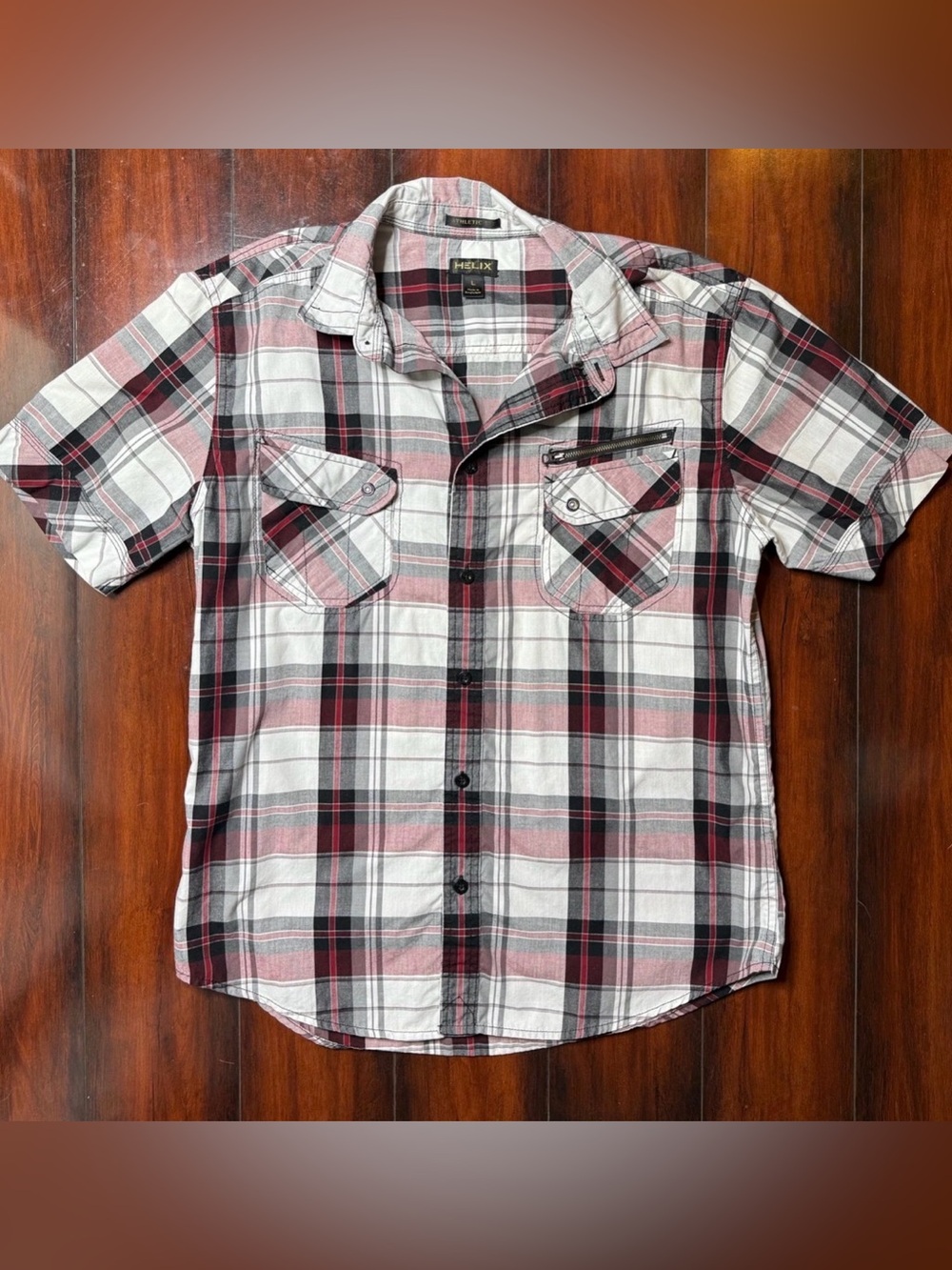 Helix Button Down Men’s Shirt Large Burgundy Black Plaid Western Athletic Fit
